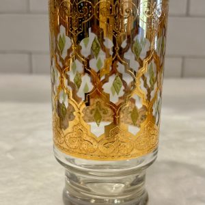 Vintage, Culver 22k gold Valencia footed highball glasses with Valencia green diamond, MCM, Hollywood Regency barware.