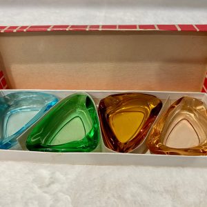 Vintage 60’s Czech Bohemia Glass, Mini Colored Glass Ashtrays, Set of 4 in Original Box