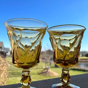 Vintage amber, 8 oz, PAIR of Jamestown Amber water goblets by Fostoria. Boho wedding glasses, holiday drink ware, fall wedding