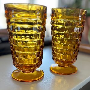 Whitehall Pattern Amber Footed Tumblers by Colony, Vintage Pair - Cube Design, Retro Glassware