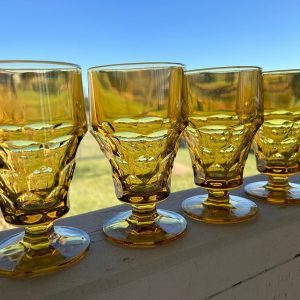 Vintage amber, footed, stemmed, ice tea glasses Anchor Hocking in Georgian Honey Comb pattern, wedding glasses vintage drink ware, set of 4.