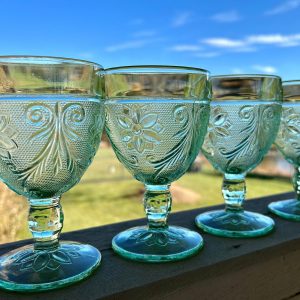 Indiana Glass, Sandwich Green Water Glasses, Set of 5 - Holiday table setting, Wedding Drinkware, Vintage Stemware