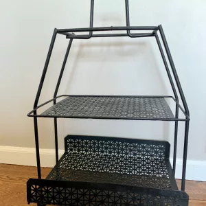 Vintage, black, Atomic era, magazine/smoking stand /quatrefoil metal design /plant stand/ metal mesh magazine rack/retro MCM tiered stand